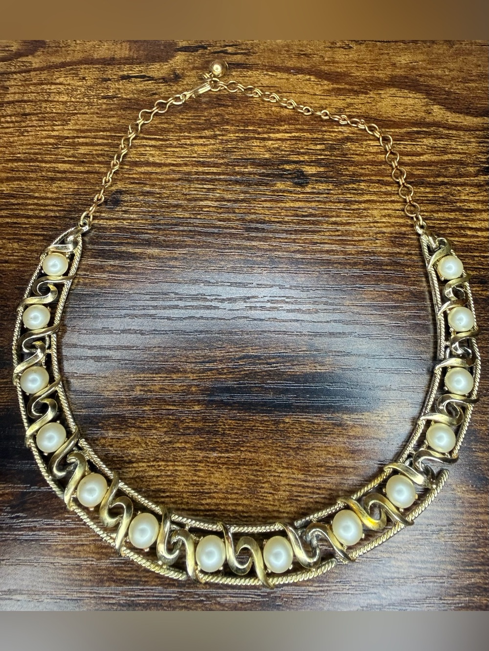 Signed BSK Gold Tone Faux Pearl Collar Necklace
